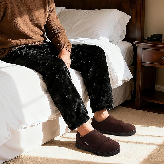 Zizor Men's Adjustable Velcro Strap Slippers, Memory Foam Closed Back House Shoes